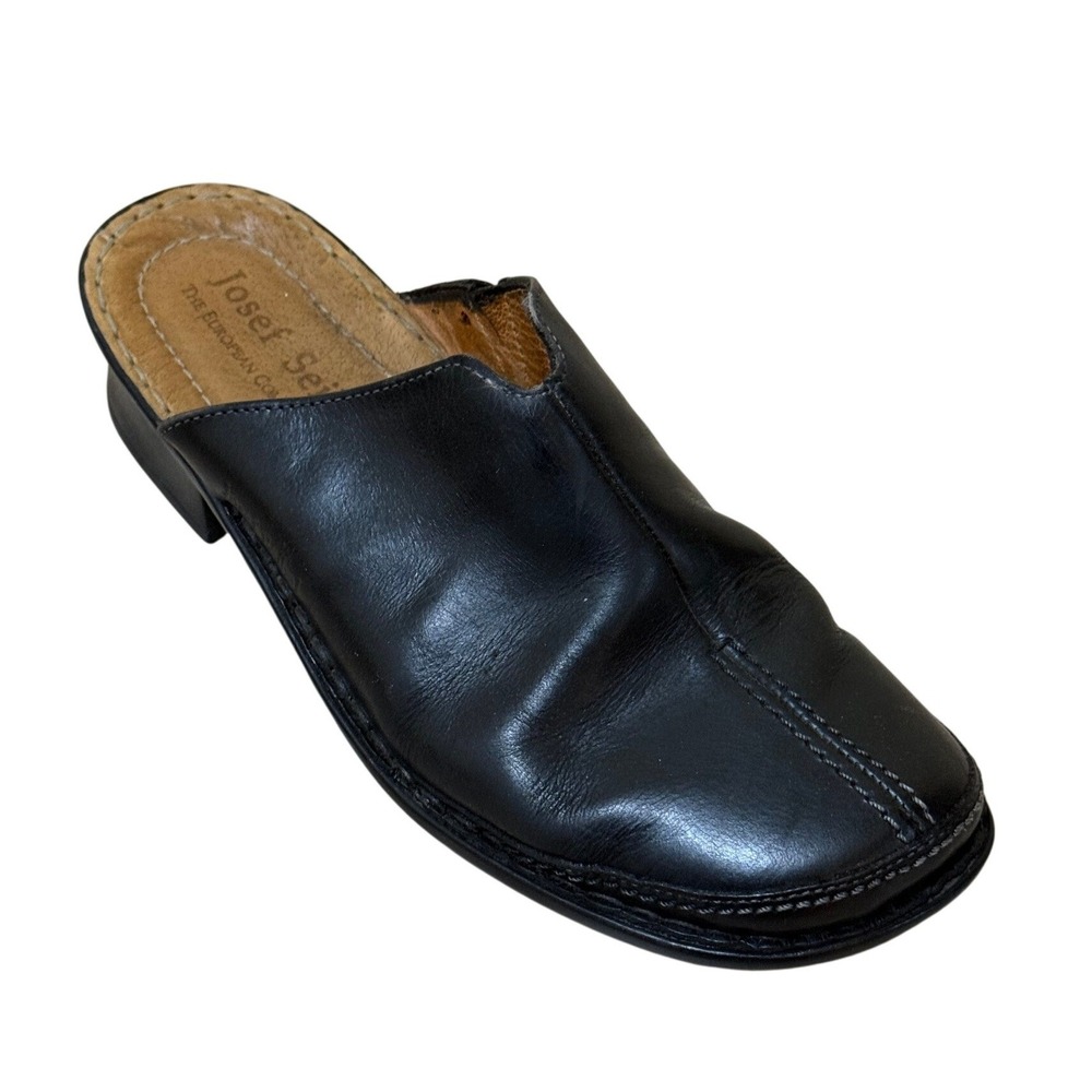 Josef Seibel Women Leather Mules 38 Black Block Heel Clogs Slip On Comfort